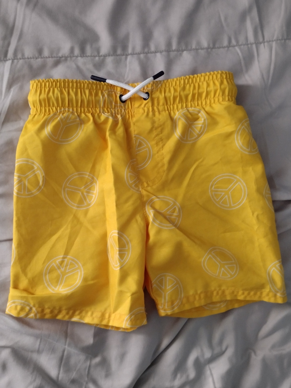 Cat & Jack Yellow Peace Sign Swim Shorts with White Drawstring